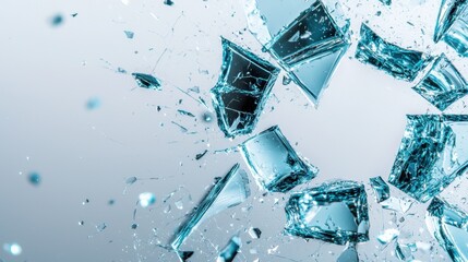 Poster - Shattered Blue Glass Fragments Flying in a Bright Background with Creative Light Reflection and Dynamic Movement Effects