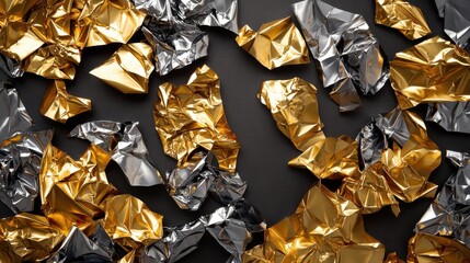 Poster - Crumpled Metallic Foil Textures in Gold and Silver against a Dark Background for Creative Design and Artistic Applications