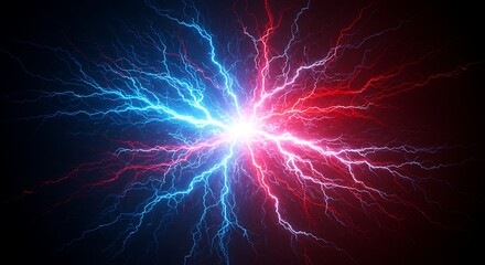 Vibrant abstract energy streams of red, orange, and blue radiate from a central bright point, creating a dynamic design against a dark backdrop.