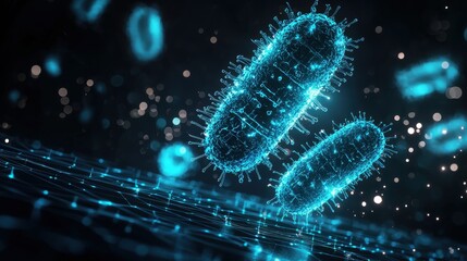 Poster - 3D Render of Microbial Cells in Futuristic Digital Environment with Abstract Data Visualization Elements and Glowing Effects on Dark Background