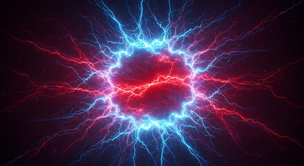Vibrant abstract energy streams of red, orange, and blue radiate from a central bright point, creating a dynamic design against a dark backdrop.