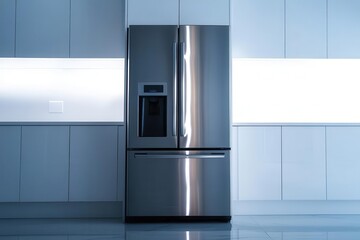 Wall Mural - a pristine stainless steel refrigerator floating in pure white space dramatic side lighting highlighting sleek modern design frostfree double doors gleaming with subtle reflections