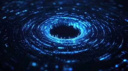 Poster - Abstract swirling blue light particles creating a mesmerizing vortex effect against a dark background, showcasing depth and technology in digital art