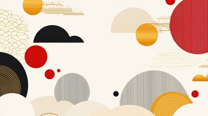 Poster - Abstract composition featuring colorful circles, clouds, and waves in red, black, and gold on a cream background creating a vibrant design for modern decor