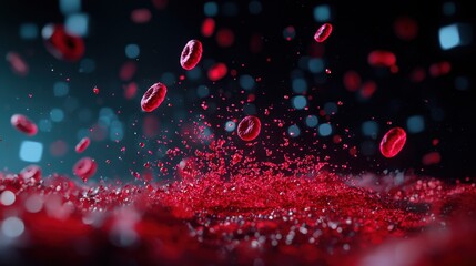 Poster - Vibrant Red Blood Cells in Motion with Glossy Liquid Surface and Shimmering Particles Against a Dark Background for Medical and Science Themes