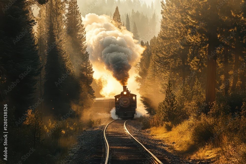 a vintage steam locomotive emerges from misty pine forest at golden ...