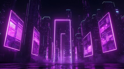 Poster - Futuristic neon cityscape at night featuring towering skyscrapers with glowing pink holograms and reflective pavement under a dark atmosphere