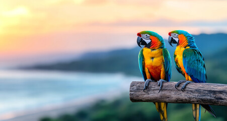 Poster - Two colorful macaws sit on a branch overlooking the tranquil ocean as the sun sets in the tropics. The vibrant feathers contrast beautifully with the serene water and lush landscape.