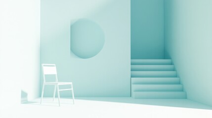 Poster - minimalist interior design featuring a white chair, geometric shapes, and soft lighting