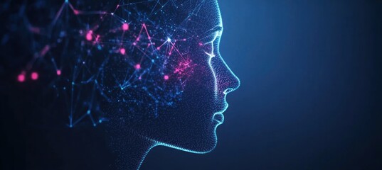 Wall Mural - Abstract digital female face profile with glowing network connections.