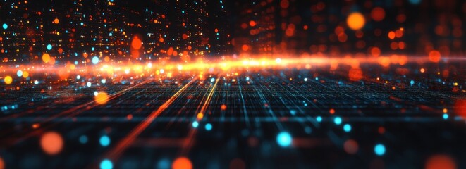 Wall Mural - abstract digital grid with glowing particles and lines.
