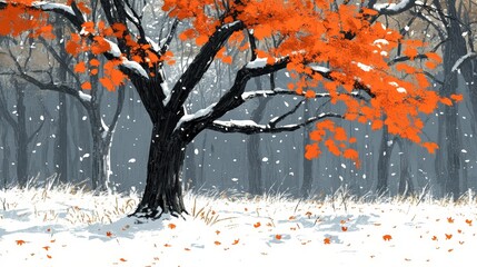 Pixelated orange trees covered with snow in winter wonderland digital art for website design and decoration on snowy seasonal background