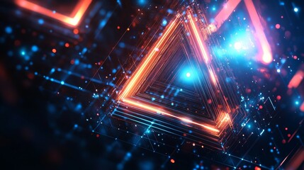 Poster - Abstract glowing triangular frame with digital particles on a dark grid symbolizing future technology and virtual worlds backdrop