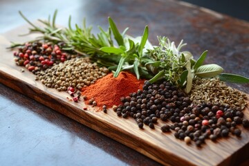 Wall Mural - Assorted spices and herbs on wooden board: paprika, pepper, rosemary, coriander, oregano