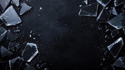 Poster - Shattered Glass Fragments on Dark Surface Highlighting Sharp Edges and Varied Textures in Abstract Composition for Creative Backgrounds