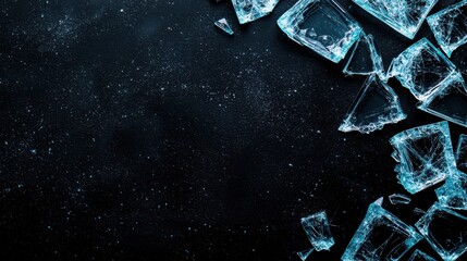 Poster - Shattered Clear Glass Fragments Creating Intriguing Abstract Design on Dark Background for Creative Artistic Use and Visual Impact