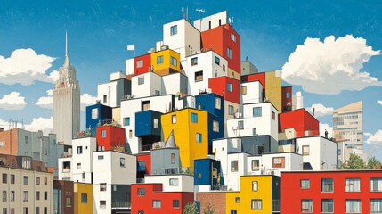 Poster - Colorful stacked dwellings illustration against a blue sky quirky urban architecture whimsical building design contemporary cityscapes