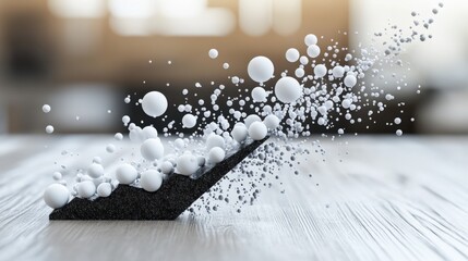 Poster - abstract representation of dynamic motion with white spheres exploding from a textured surface