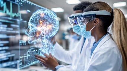 Poster - Two interns in lab coats and safety gear observe a holographic brain display in a modern medical facility. They engage with advanced technology to learn about neuroscience applications.