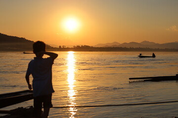 Wall Mural - golden mekong sunset in sangthong district vientiane laos