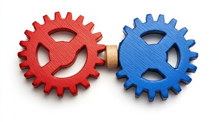 Poster - Interlocking red and blue wooden gears symbolizing collaboration and teamwork in a creative setting