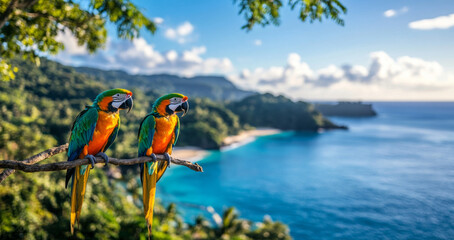 Poster - Two vibrant macaws sit on a branch overlooking a serene tropical ocean. The sun sets in the background, illuminating lush greenery and a tranquil beach. A perfect vacation setting in paradise.
