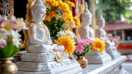 White buddha statues with colorful flowers in tranquil outdoor temple setting