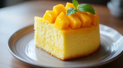 Wall Mural - Delicious slice of mango cake with fresh mango topping on a plate