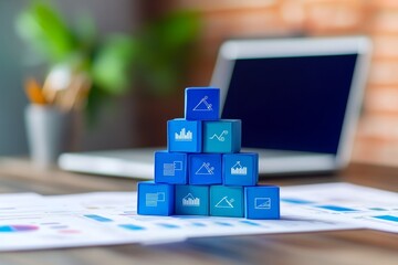 Poster - Blue blocks pyramid, office, reports, laptop background