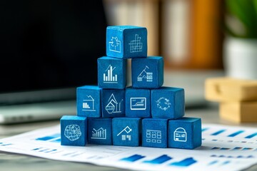 Poster - Business strategy cubes stacked on documents in office
