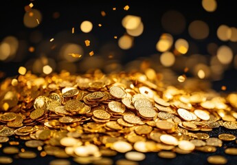 Poster - Golden Coins Pile with Shimmering Bokeh Background Ideal for Wealth, Prosperity, and Finance Concepts in Stock Photography