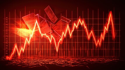 Poster - A modern financial crisis concept: a digital banner with a broken profit chart and cybernetic glowing grid.