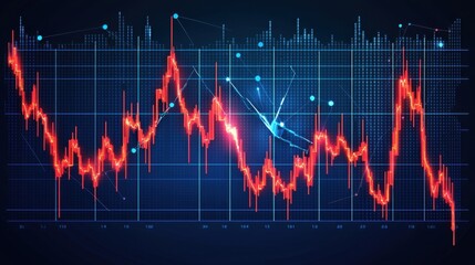 Poster - A modern financial crisis concept: a digital banner with a broken profit chart and cybernetic glowing grid.