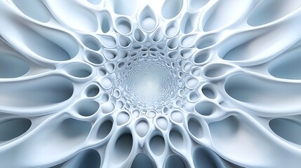 Poster - Abstract 3D rendering of a light blue and white organic structure resembling a flower or cell. The image features a complex network of interconnected shapes with varying sizes and depths, creating a