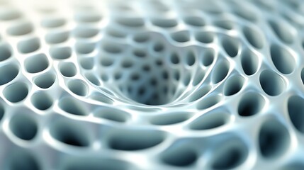 Poster - Abstract 3D rendering of a swirling, porous surface with a central vortex. The texture is smooth, with a light blue grey color palette creating a calming, ethereal mood. The image is highly detailed
