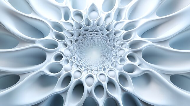 Abstract 3D rendering of a light blue and white organic structure resembling a flower or cell. The image features a complex network of interconnected shapes with varying sizes and depths, creating a