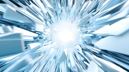 Aufkleber - Abstract background with radiating blue and white geometric shapes creating a sense of motion and energy. The shapes are sharp and angular, converging towards a bright white center.  The overall