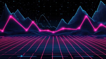 Fototapete - A neon-lit cyber background featuring a sharp, declining graph with digital distortion and space for professional content.