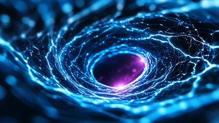 Aufkleber - Abstract swirling vortex of blue energy particles, glowing magenta center, dark background. Intricate network of lines and points create a dynamic, ethereal visual. High detail, futuristic and