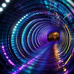 Poster - Abstract image of a swirling, colorful tunnel. The tunnel is composed of concentric circles of vibrant purple, blue, and gold lights. The light appears to emanate from within the tunnel itself