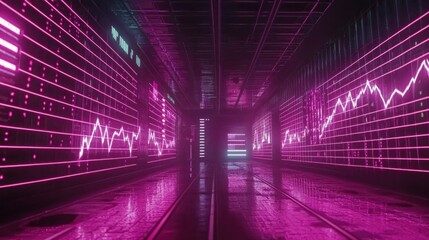 Fototapete - A neon-lit cyber background featuring a sharp, declining graph with digital distortion and space for professional content.