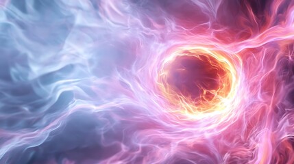 Poster - Abstract swirling energy vortex with vibrant pink, blue, and orange hues. Glowing ring like core surrounded by dynamic, ethereal clouds of light. Intense light and color create a sense of movement
