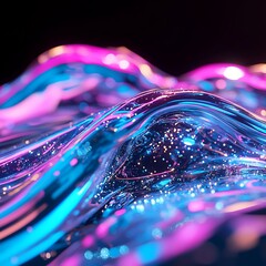 Poster - Abstract 3D rendering of flowing liquid with vibrant pink and blue neon lights, creating a dynamic and energetic visual. Glittering particles add to the luminous, otherworldly atmosphere