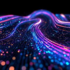 Aufkleber - Abstract image of flowing, vibrant particles in shades of pink, blue, and orange against a dark background. The particles form dynamic, wavy patterns with varying intensities of light and color. The