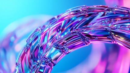 Poster - Abstract image of a vibrant, iridescent, swirling form. The shapes are geometric and angular, with a metallic, reflective sheen. The colors are predominantly pink, purple, and blue, creating a