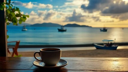 Wall Mural - Enjoying coffee on a table with a serene beach view at sunset, Coffee on indoor table overlooking beautiful beach in summer ing