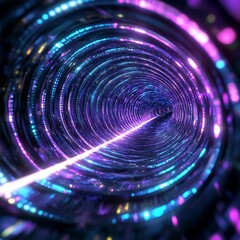 Poster - Abstract digital art depicting a swirling tunnel of vibrant purple, blue, and teal lights. A bright white line extends down the center of the tunnel, creating a sense of depth and movement. The