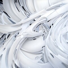 Poster - Abstract image featuring swirling, white, three dimensional shapes creating a dynamic, textured composition. The forms are predominantly curved and layered, with variations in tone and opacity