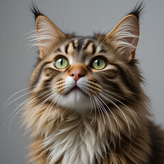 Maine Coon cat gazing up with striking green eyes, white isolated background.