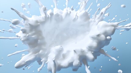 Poster - Abstract image of a white liquid splash against a light blue background. The splash has a dynamic, explosive form with numerous white tendrils extending outwards. The central area is relatively